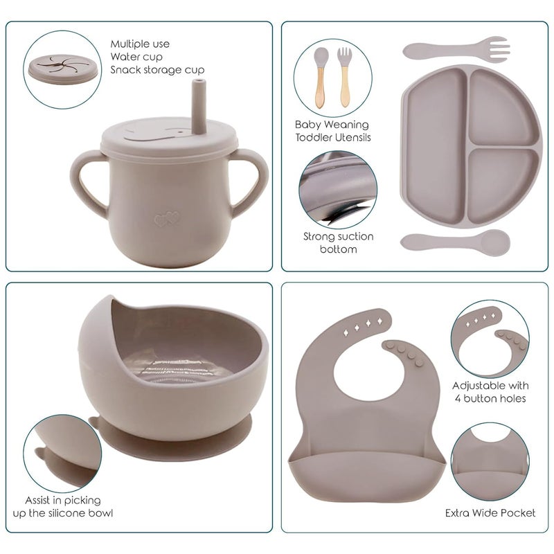 Dormlony 100% Silicone Baby Feeding Set, BPA Free, 9 Pcs: Suction Bowl, Divided Plate, Toddler Self Feeding Dish Set with Spoons, Forks, Sippy Cup, Bib, Beige - Image 3
